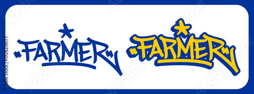 Farmer Professional Job Graffiti Tag Design. Bold Blue and Yellow Urban Hand Style Lettering for The Builders Theme and Streetwear Branding.