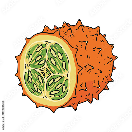 A simple drawing of a spiked horned melon showing its green seeded interior flesh. Isolated transparent background ( include cut-out PNG file )