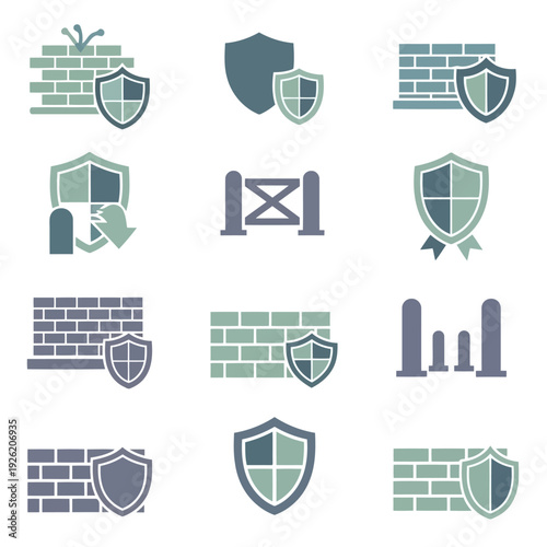 Collection of security icons featuring shields and protection symbols in various designs and layouts.