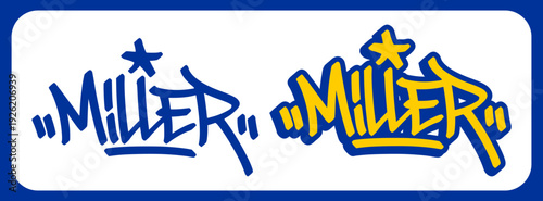Miller Professional Job Title Graffiti Tag. Bold Blue and Yellow Hand Style Urban Lettering for The Builders Theme and Industry Branding.