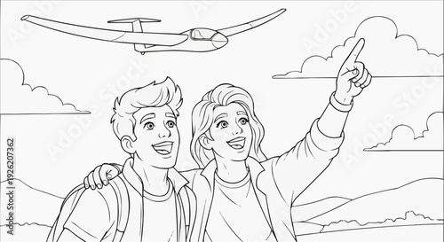 Coloring page for children - two teenage friends are standing side by side, looking up at the sky and watching the gliders soar.