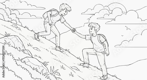 Coloring page for children - two boys helping each other on a mountain hike with clouds in the background