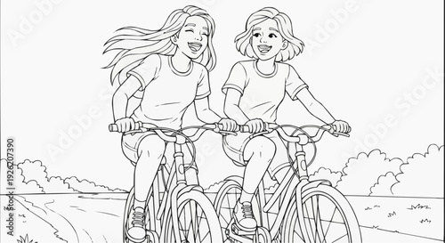 Coloring page for children - two happy girls riding bicycles outside the city