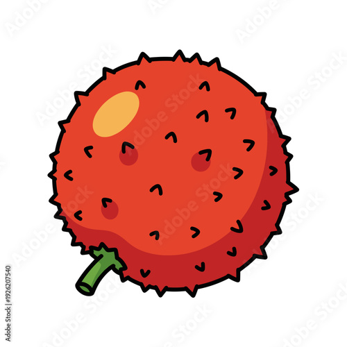 Red bumpy lychee fruit with green stem sits alone on a clean white backdrop. Isolated transparent background ( include cut-out PNG file ).