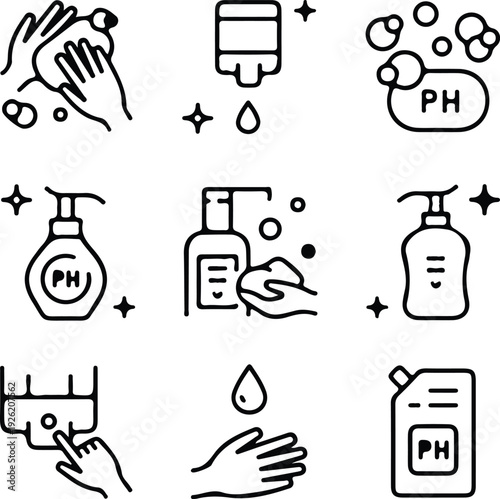 hand washing PH black line icons set vector illustration editable stroke 