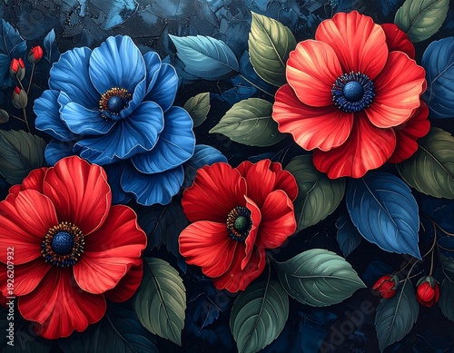 A vibrant floral arrangement with red and blue poppies and green leaves on a dark background