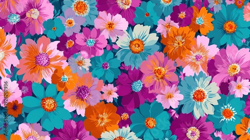 A vibrant and colorful floral pattern with many different flowers