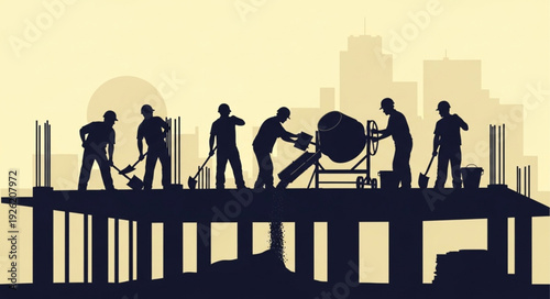 Construction Workers Building Site Silhouettes.