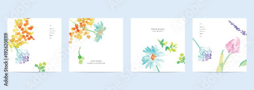 水彩画。水彩タッチの春の花束イラストセット背景。春のベクターイラストテンプレート。
Watercolor painting. Watercolor spring bouquet illustration set background. Spring vector illustration template.