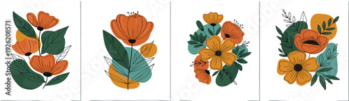 A collection of vibrant floral illustrations featuring orange flowers and green leaves from various viewpoints