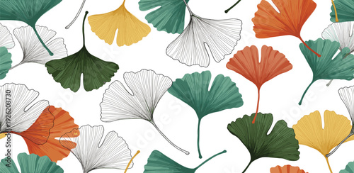 Ginkgo leaves pattern featuring various colored foliage, viewed from directly above, showcasing a variety of autumnal hues.