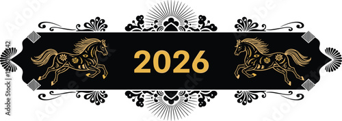 Elegant New Year's celebration banner with golden horses and ornaments for 2026