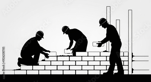 Construction Workers Building Brick Wall.