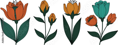 Vibrant flowers in full bloom, showcasing diverse colors and stages of growth in a lively illustration.