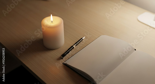 Modern spiritual intention setting space with lit candle, notebook, and pen for journaling and mindfulness