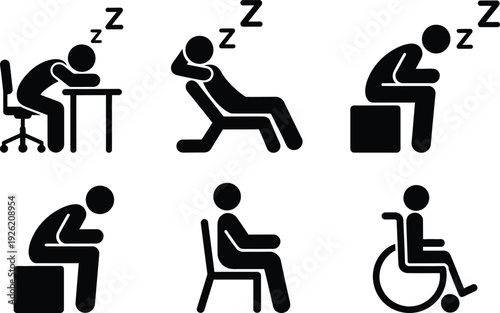 Various people sleeping in different positions and locations.