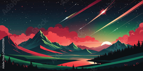 Colourful Fantasy Mountain Night Illustration with Red Clouds, Shooting Meteors, Layered Hills and Starry Sky Vibrant Scenic Landscape Background Design.