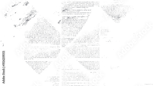 Faded grey text fragments on white background with abstract shapes and scattered dots texture grunge