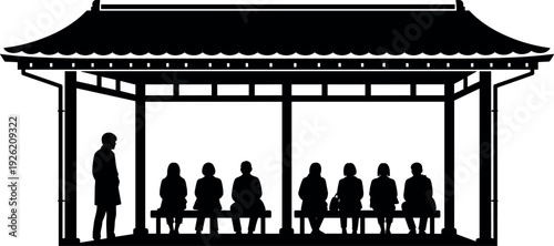 Asian pavilion silhouette, traditional architecture illustration, cultural gathering artwork, seated people icons, public shelter design, social interaction concept, communal waiting area