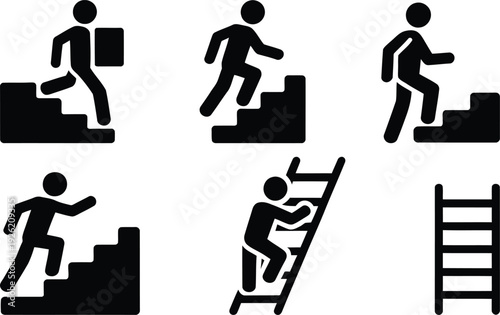 Illustrations of people climbing and falling from stairs and ladders.
