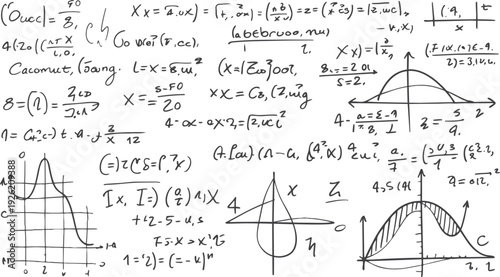 Handwritten mathematical equations and graphs on a white background with sketched diagrams and symbols
