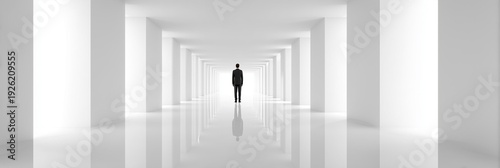 Business Leader Standing in Futuristic Corridor with Large Copy Space
