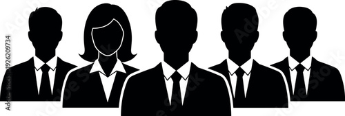 Business team silhouettes illustration, corporate staff artwork, professional group icons, teamwork design concept, office people graphic, black white formal attire