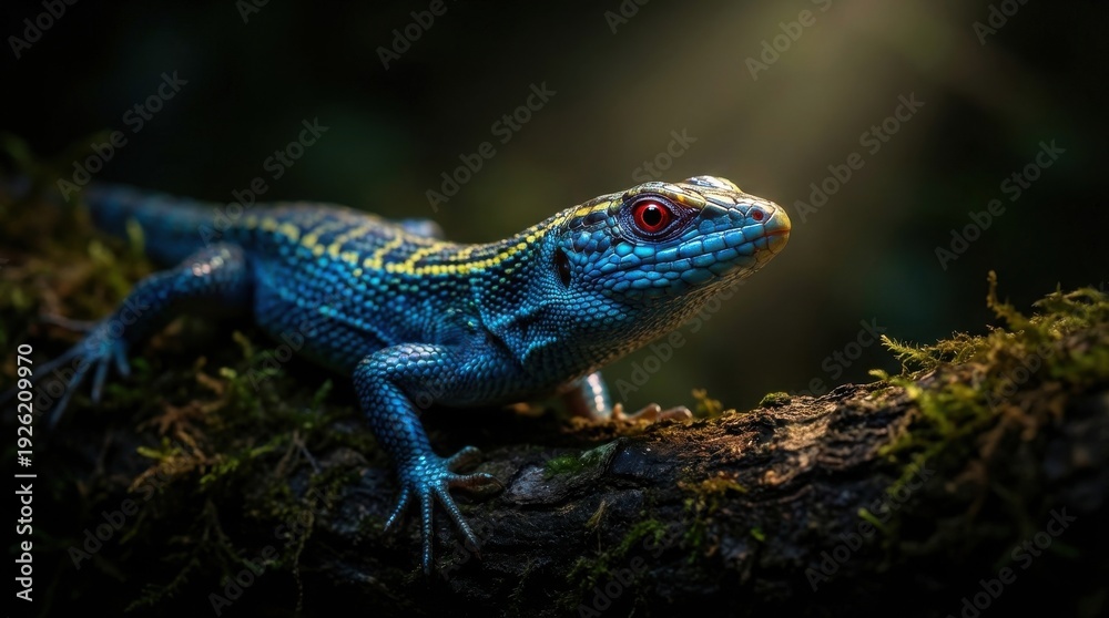 Obraz premium Blue tree lizard with yellow stripes perched on mossy branch in dark forest environment