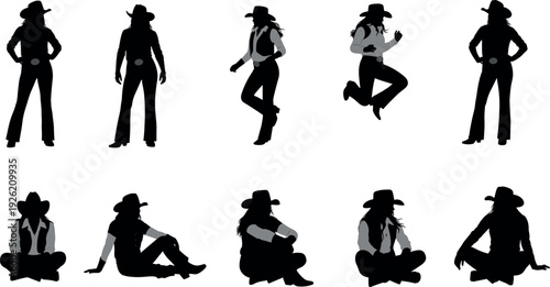 Cowboy silhouette collection, western character artwork, cowboy hat poses illustration, standing seated jumping figures, rural lifestyle icons, black white design graphics