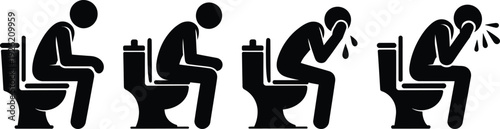 Four people in different stages of using a toilet in a row