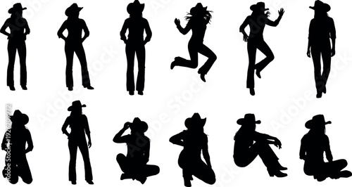 Cowboy silhouette collection, western character artwork, cowboy hat poses illustration, standing seated jumping figures, rural lifestyle icons, black white design graphics