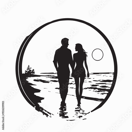 Silhouette of Romantic Couple at Beach Vector Illustration On White Background