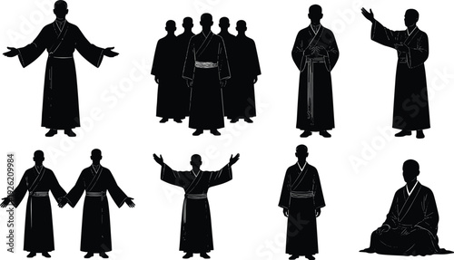 Monk silhouettes collection in various praying and blessing poses, religious clergy figures isolated on white background spiritual devotion concept.