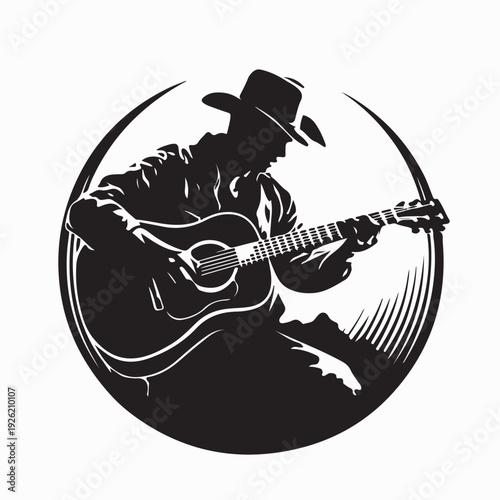 Country Music Cowboy Playing Guitar Silhouette Vector On White Background