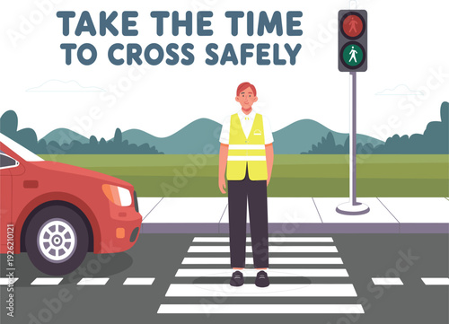 Road, safety, illustration, of, a, person, crossing, the, street, safely, with, traffic, light, and, car