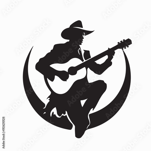 Country Music Cowboy Playing Guitar Silhouette Vector On White Background