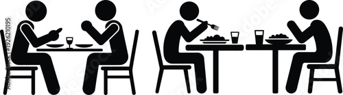 Four people sitting at separate tables enjoying meals and drinks