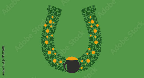 A festive St. Patrick’s Day horseshoe adorned with lucky shamrocks and a pot of gold, embodying Irish tradition and good fortune
