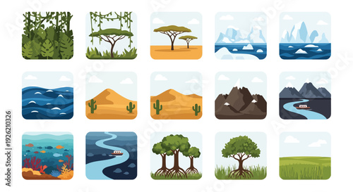A flat lay of colorful icons depicting various natural landscapes and ecosystems on World Wildlife Day with a clean white background