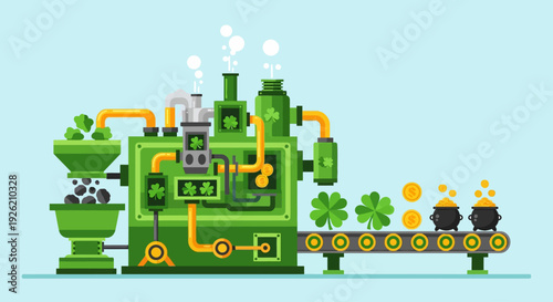 St. Patrick’s Day themed factory producing clover leaves, gold coins, and pots of gold, illustrating the magic and festivity of the holiday