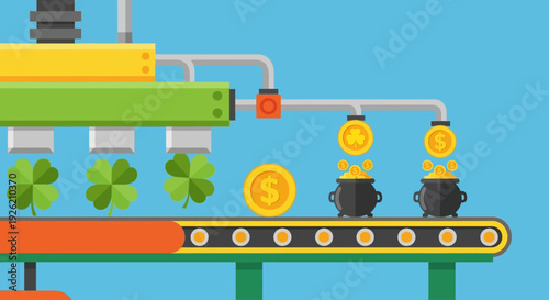 St. Patrick’s Day Celebration Scene with Conveyor Belt, Coins, Shamrocks, Machinery, and Factory Setup