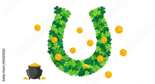 Lucky Horseshoe adorned with shamrocks and gold coins, celebrating the spirit of st patrick's day