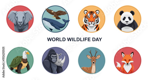 Colorful flat lay of various endangered animal icons for World Wildlife Day on a clean white background