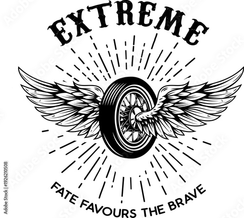 A vintage motorcycle emblem featuring a central spoked wheel with spread wings, radiant sunburst lines, and the bold text "EXTREME" and "FATE FAVOURS THE BRAVE."