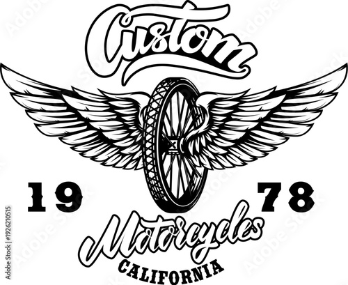 A vintage motorcycle emblem featuring a central spoked wheel with large spread wings. The design includes 