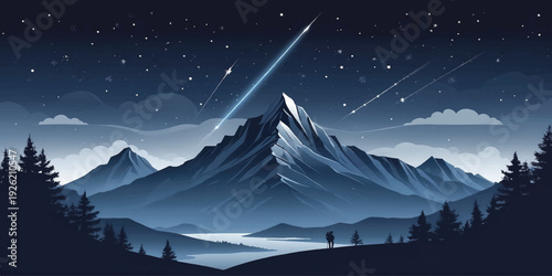 Serene Starry Mountain Night Illustration with Snowy Peak, Shooting Stars, Pine Trees Silhouettes and Misty Valley Calm Nature Background Design.