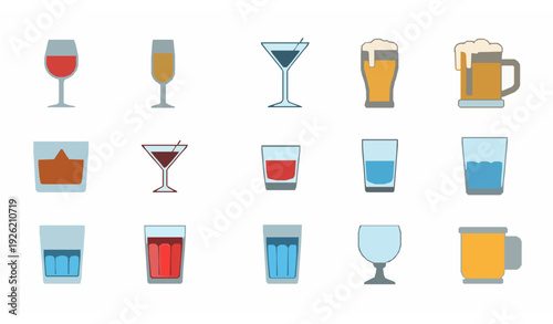 Editable line glasses icon set with wineglass, cocktail, beer, and beverage vector illustrations