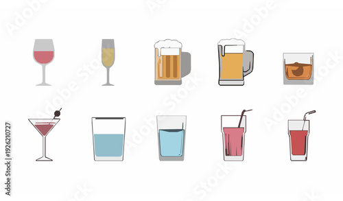 Modern editable line glasses icons for wine, cocktail, beer, and beverage vector set