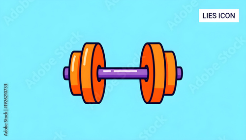 A vibrant orange dumbbell with purple handle centered on a bright blue background viewed straight on in a simple graphic illustration style.