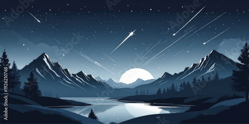 Moonlit Mountain Lake Night Illustration with Full Moon, Shooting Stars, Snowy Peaks, Pine Forest Silhouettes and Calm Water Reflection Scenic Nature Background Design.